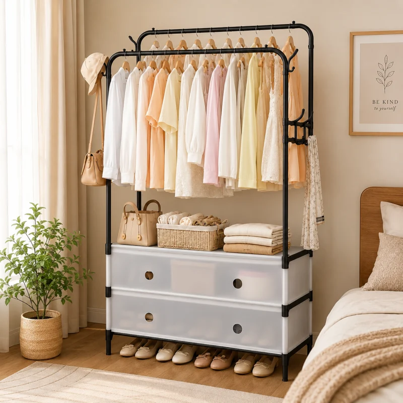 Dust proof Double Rod Floor-to-Ceiling Shoe-Coat Rack